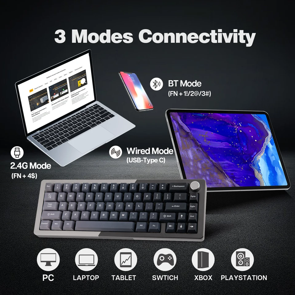 Teclado Mecânico Sem Fio KiiBOOM, Loop 65 65% QMK VIA, Trocável