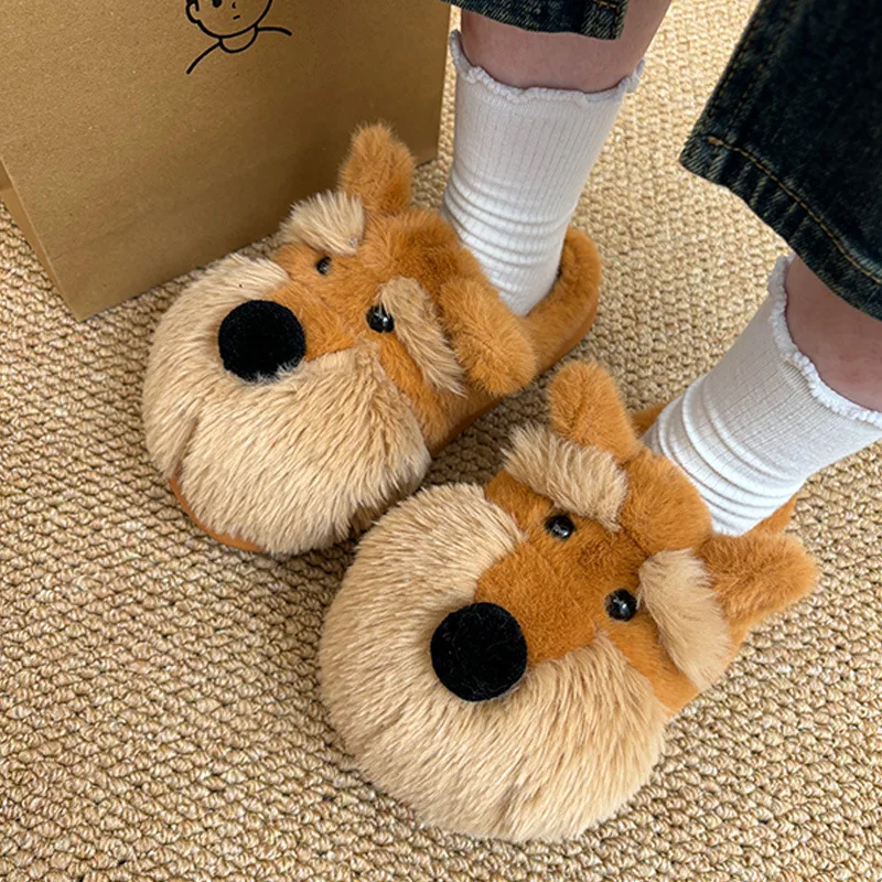 

New Cute Cartoon Fluffy Slippers Women Winter Plush Shoes Funny Dog Style Warm Faux Fur Anti-slip Girls Indoor Cotton Slides