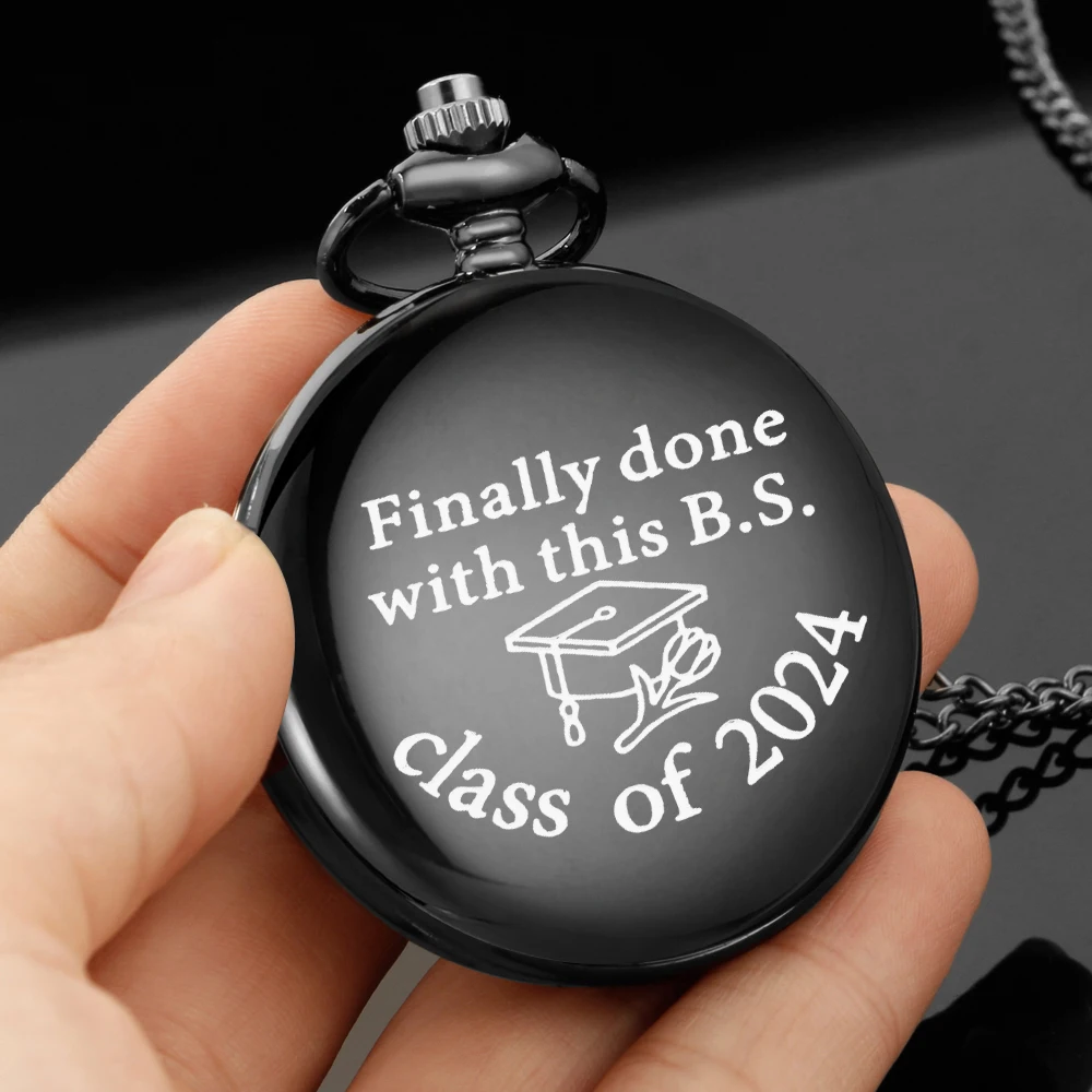 

Class of 2024 Carving english alphabet face pocket watch a belt chain Black quartz watch graduation ceremony perfect gift