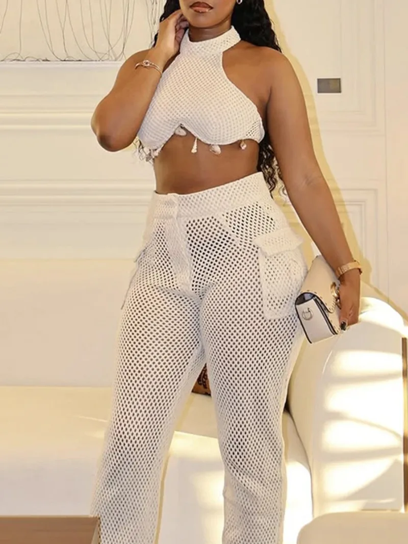 

Solid Hollow Out Two Piece Sets for Women Round Neck Sleeveless Short Tops High Waist Long Pants Chic Set Female Fashion