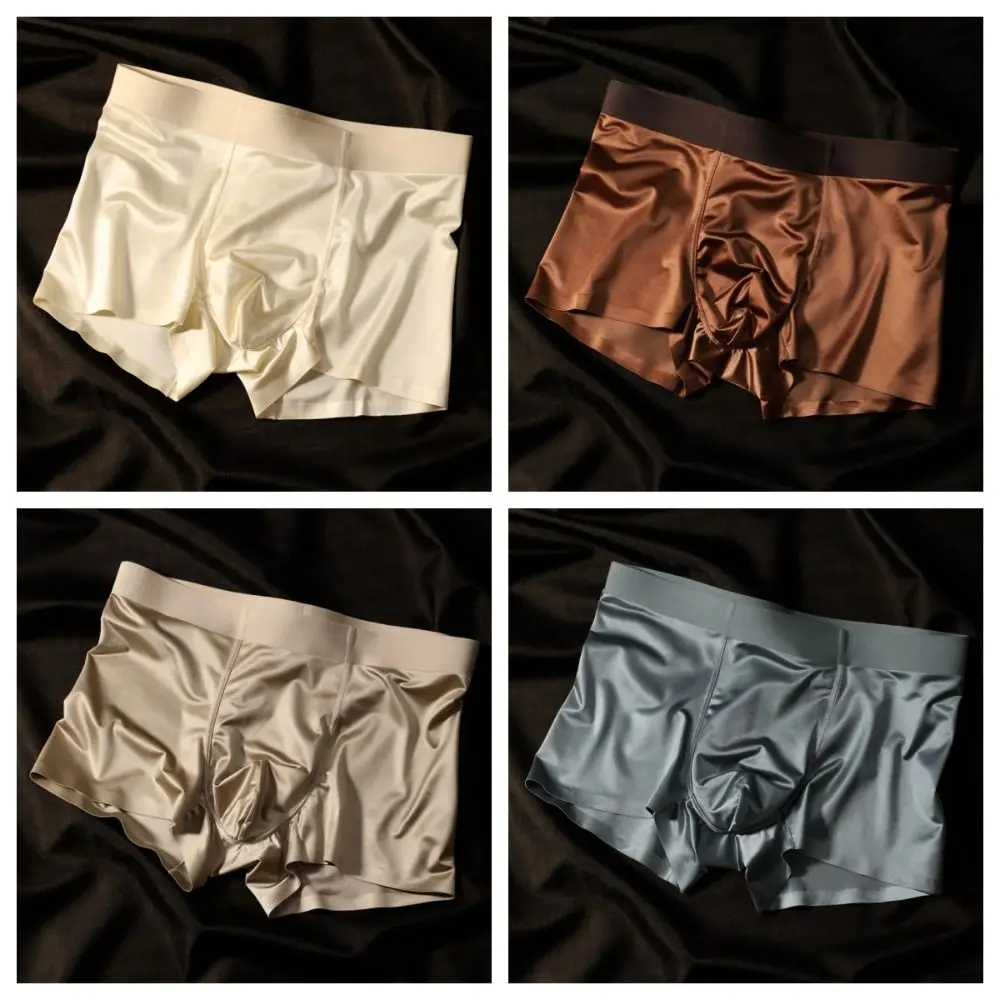 

Fashion Thin Satin Silk Boxer Briefs Mid Waist Underpants Ice Silk Boxers Seamless Lingerie Underwear for Men Men