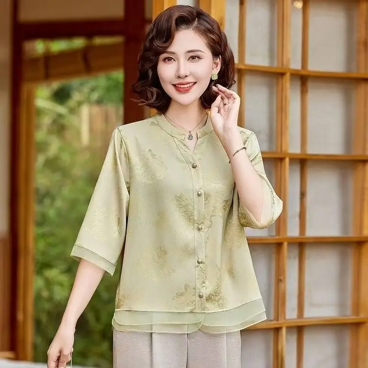

Elegant Chinese Style Senior Women's Summer Loose National Style Shirt Chic Open Cardigan