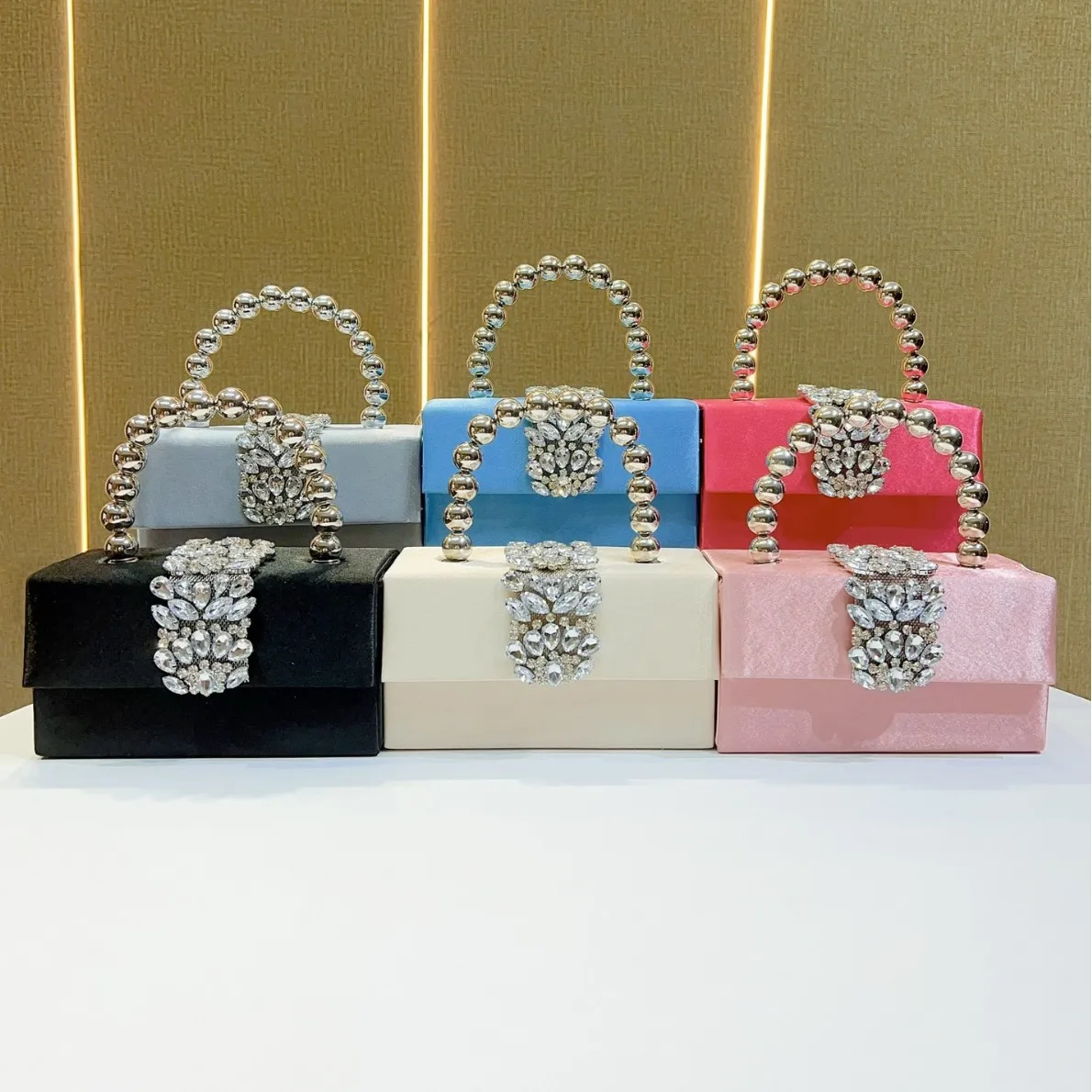 Sparkling Rhinestone Pearl Box Bag Women’s Satin Square Clutch Elegant Handheld Crossbody Purse Fashion Dolly Shoulder Handbag