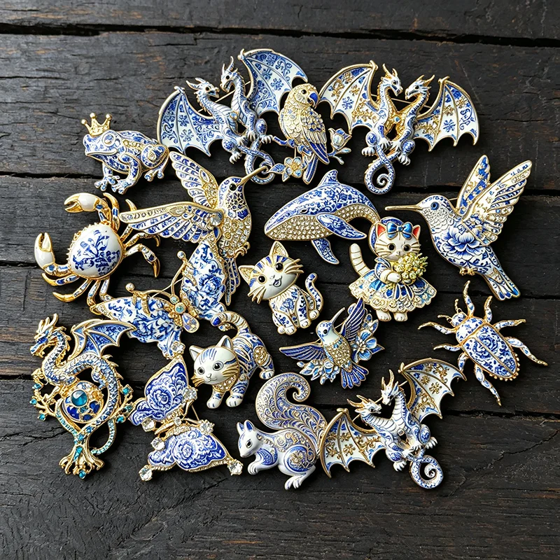 Blue and White Porcelain Style Animal Brooch Rhinestone Enamel Lapel Pins Vintage Costume Jewelry for Women Scarf Coat Decor view 2