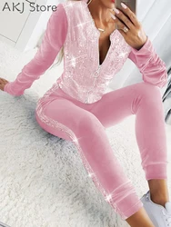 Women 2pcs Set Velvet Sequin Zipper Design Coat and Pants Set