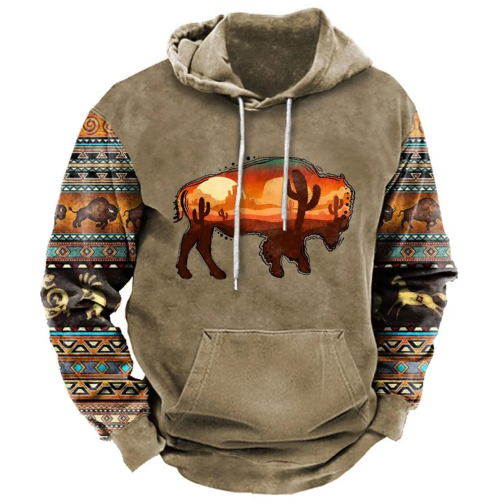 2023 New Men\'s Hoodie Vintage Cow Printed Oversized Hooded Sweatshirt Pullover Casual Streetwear Tops Male Harajuku Hop Clothes