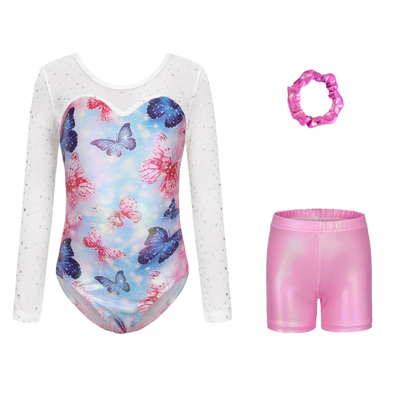 Hot Bambini Ragazze Bambini Blu Rosa Viola Manica lunga Ginnastica ritmica Body con pantaloncini Set Abiti Tute Tute
