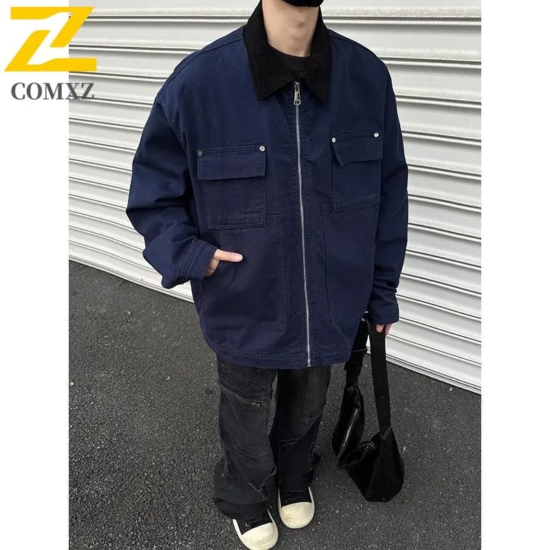 COMXZ Washed Denim Jacket Y2K American Zipper Stitching Flanging Design Streetwear Korean High Street Oversized Men Windbreaker
