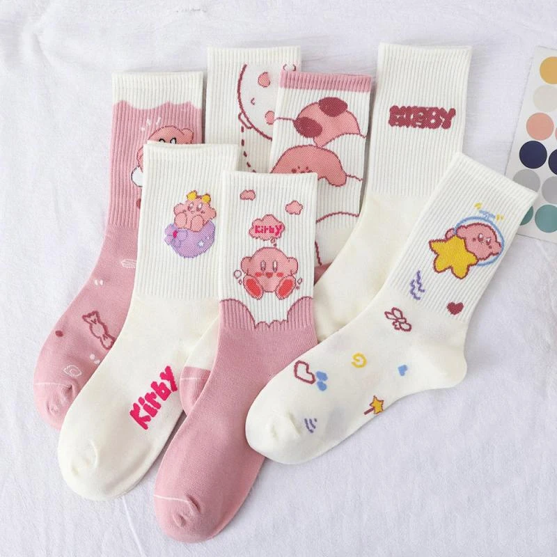 5/3 Pairs 2022 New Women's Socks Cartoon Kirby Socks Kawaii Pink Medium Tube Socks Girl Funny Fashion Cotton Socks Girls Gift