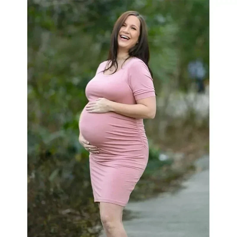 Vestido de maternidad con cuello redondo para mujer, falda de embarazo, manga corta, elegante, ajustado, para fotografía