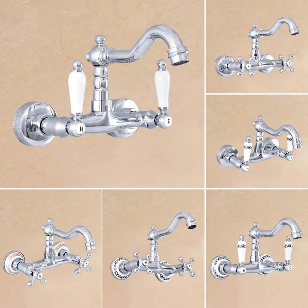 

Black Brass Wall Mounted Basin Faucets Double Handle Dual Hole Bathroom Sink Swivel Faucet Mixer Tap zzh020