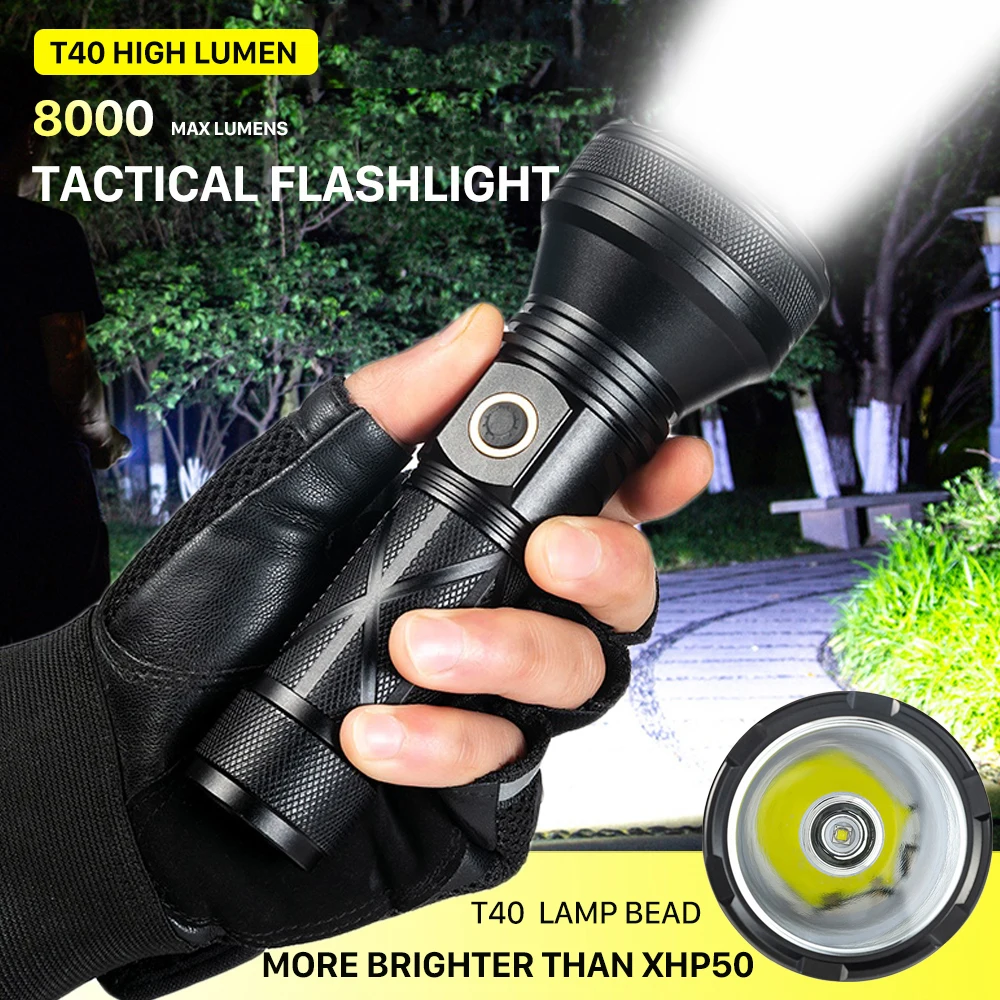 

Type-C LED Flashlight Rechargeable T40 High Lumen Tactical Flashlights Usb 8000 Lumens 30W 3 Modes Torch Lantern Camping Light