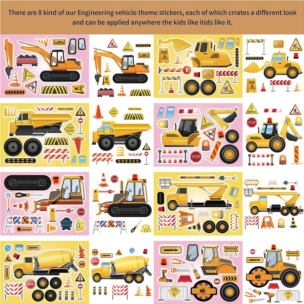 8/16Sheets Engineering Truck Puzzle Cartoon Stickers Books Kids DIY Make-a-Face Assemble Jigsaw Decal Educational Puzzle Sticker