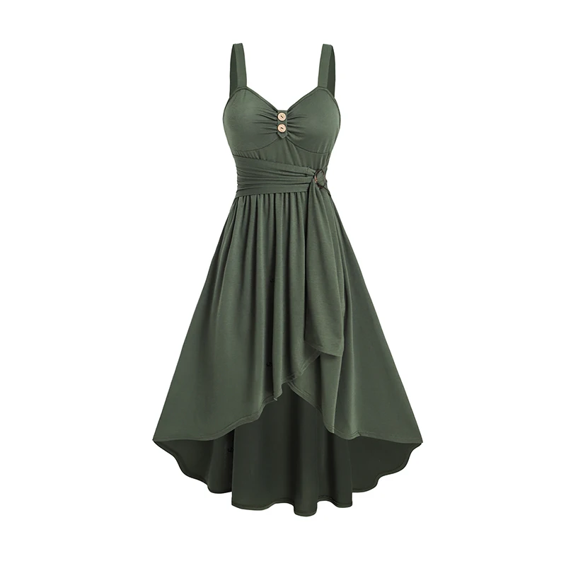 

Dressfo Women's Dress Plain Color Mock Button Empire Waist Ruched Bust Dress Asymmetrical Hem Overlap Self Belted Casual Dress