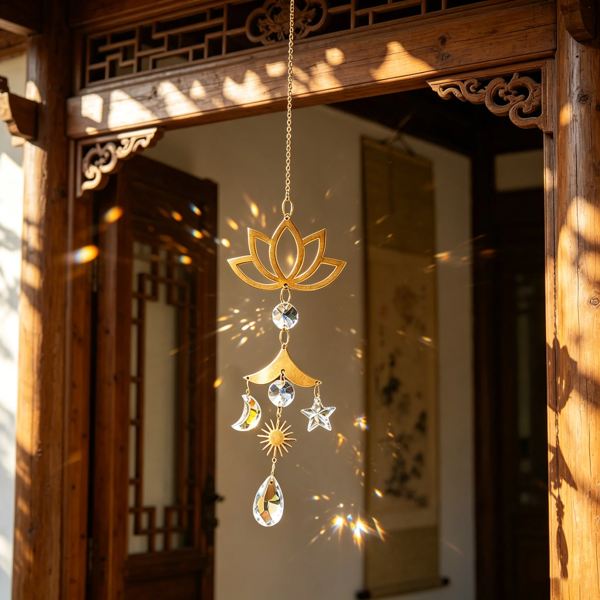 Zen Lotus Metal Crystal Prism Hanging Ornament Sun Moon Star Drop Pendant Home Yoga Room Window Rainbow Projection Decor