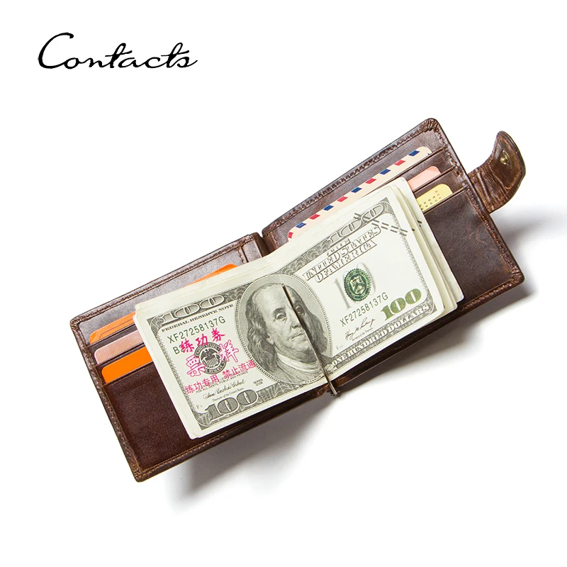 

CONTACT'S Genuine Leather Money Clip Card Wallets for Men Slim Bifold Casual Card Holder Zip Coin Purse Cash Holder Men's Wallet