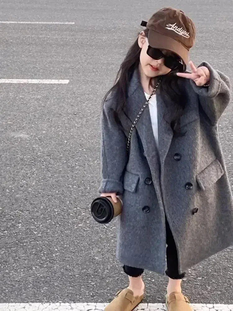 Girls Coat Korea Style Childrens Clothing 2023 Autumn and Winter New Lapel Long Trench Fashion Thickened Double-sided Tweed Coat