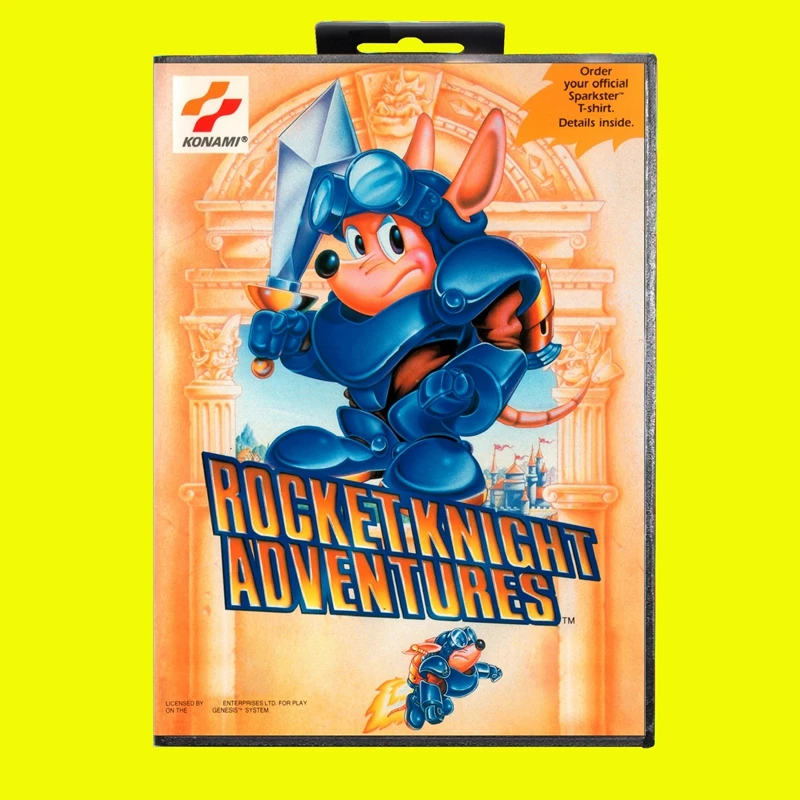 การ์ดเกมผจญภัยจรวดอัศวินที่ร้อนแรงที่สุดพร้อมกล่องสหรัฐอเมริกาสำหรับระบบกำเนิดการขับ16bit MEGA MEGA DRIVE