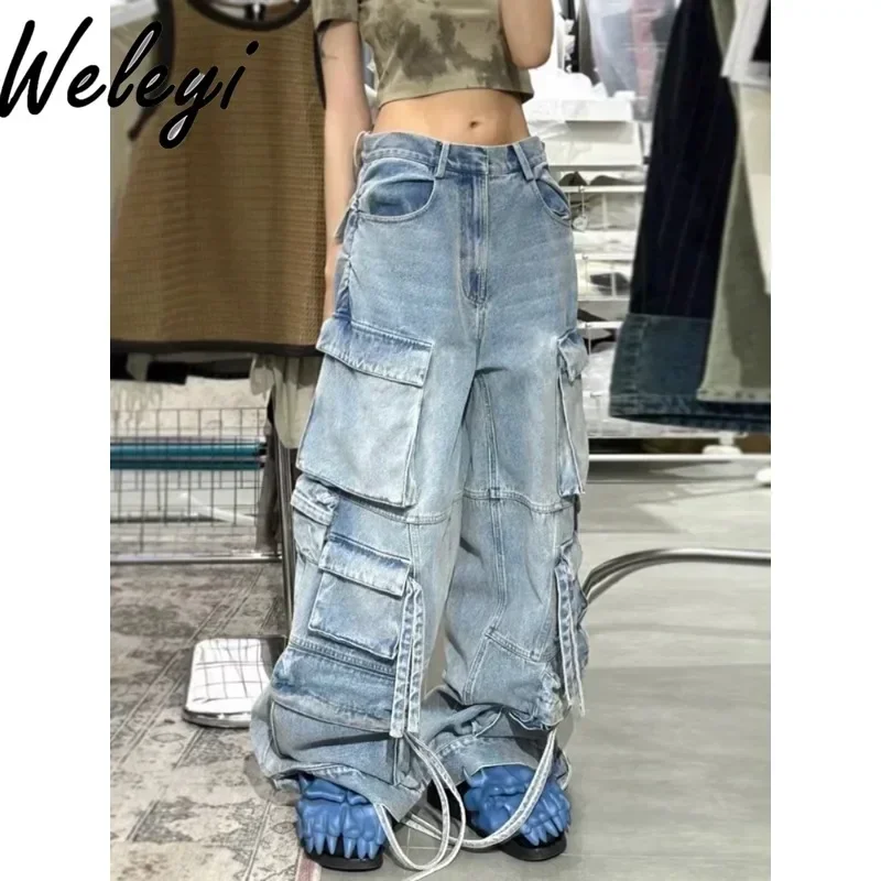 

Hip-hop Street Multi-pocket Straight Cargo Jeans Loose Men's and Women's American Retro Tooling Washed Wide-leg Jean Denim Pants