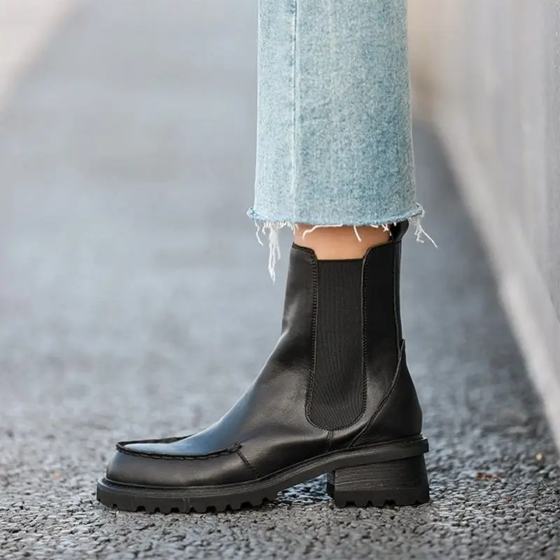 

British Style Ankle Boots Women Cowhide Leather Round Toe Chelsea Boots Slip On Platform Boots Handmade Retro Thick-Soled
