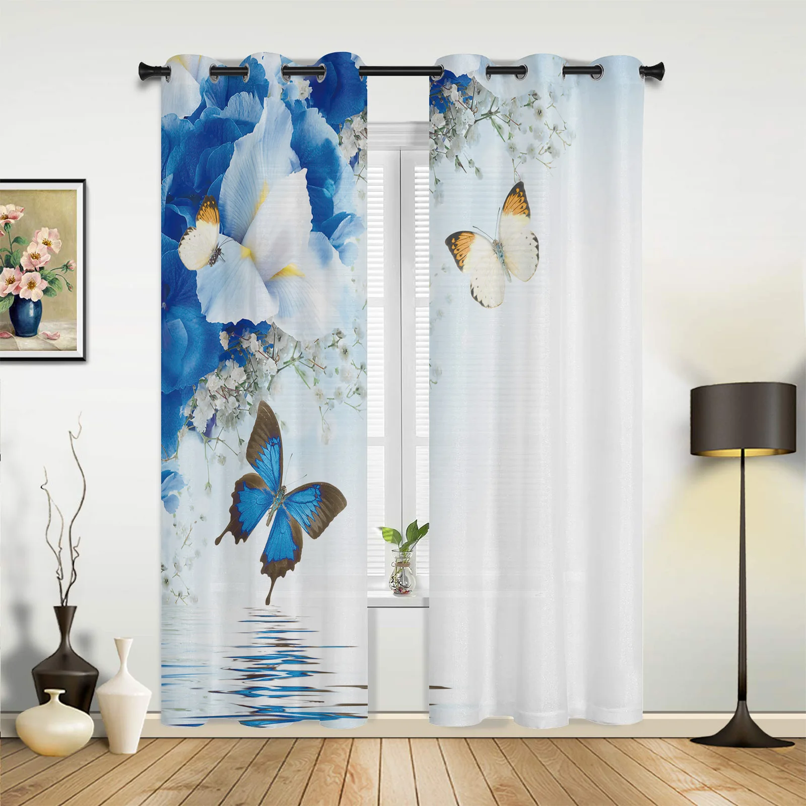 

Lily Gypsophila Butterfly Window Curtains In The Living Room Left and Right Biparting Open Drapes Printed Window for Bedroom