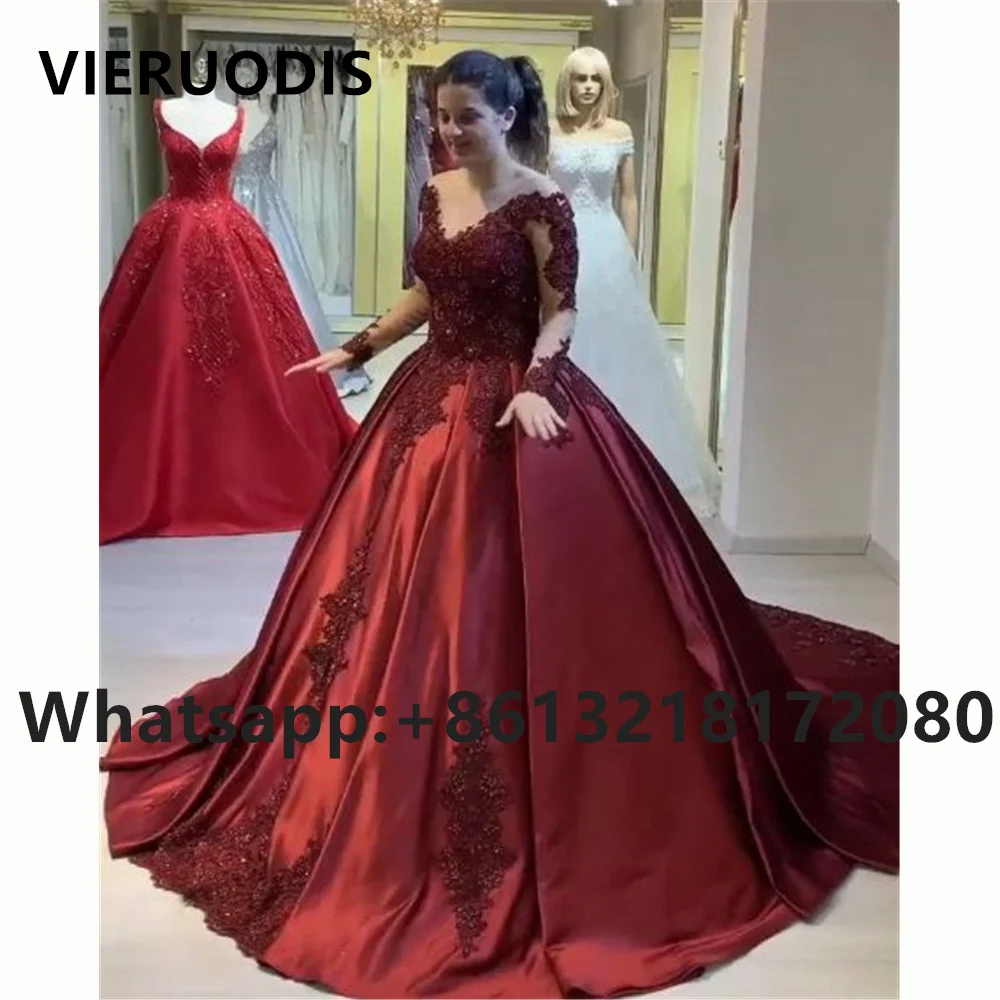 

Long Sleeve V-Neck Ball Gown Quinceanera Dresses Sweet 16 Satin Applique Lace Prom Gowns Sweet 15 Vestido De 15 Anos Quinceanera