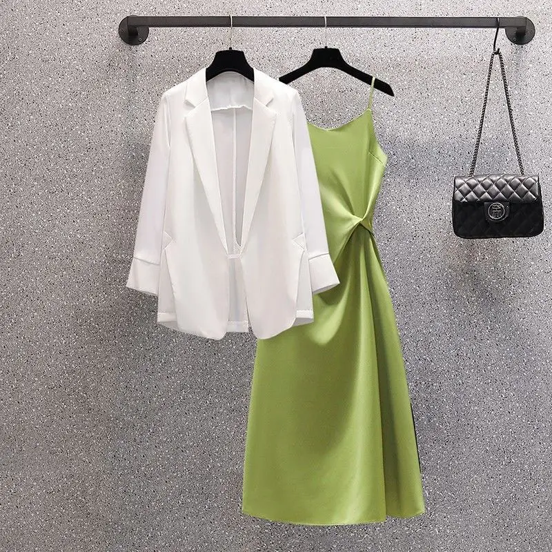 2023 Spring/Summer Korean Set New Oversized Style Light Mature Style Slim Chiffon Suit Strap Dress Two Piece Set Fashion