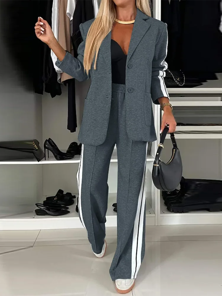 Autumn Winter Pocket Patchwork Simple Outfit, Women V Neck Long Sleeve Fashion Matching Sets, 2024 Wide Leg Pants Ladies Suits