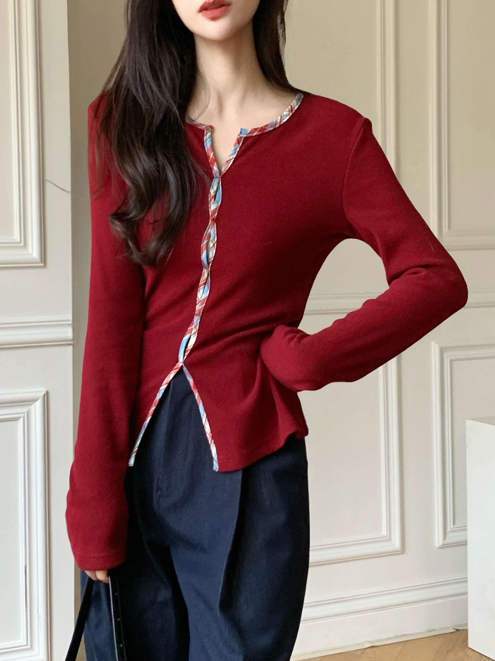 

Ele Red Plaid V-Ne Трикотаж Long Sve Commute Friendly Base Layer irt для женщин Повседневная облегающая смесь мягких волокон