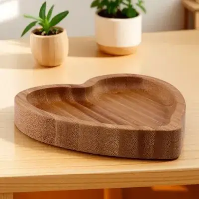 Bamboo Wood Heart Shaped Storage Tray Stylish Delicate Jewelry Organizer for Rings Necklaces Earrings Bracelets Keys Holder