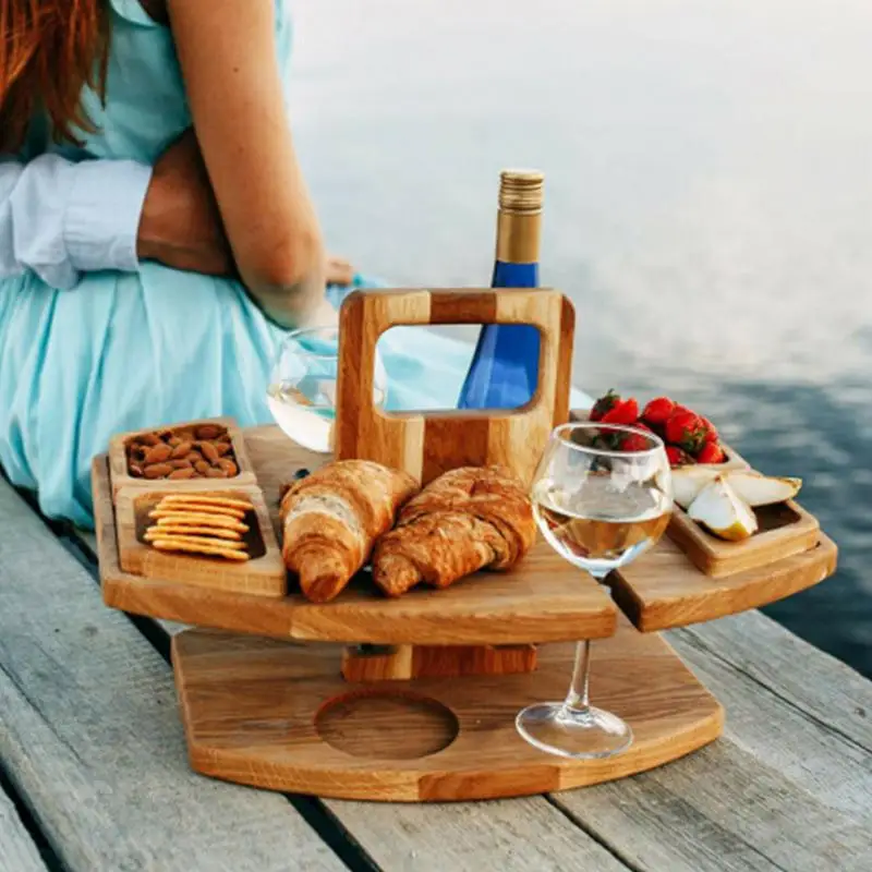 Wooden Folding Picnic Table Outdoor Wine Picnic Table Outdoor Beach Bar Table Snack And Cheese Tray With 2 Wine Glasses Holder