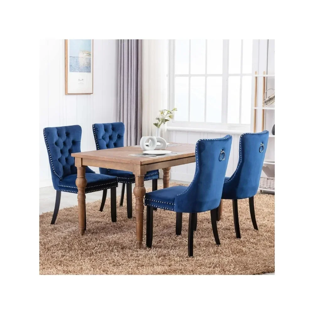 Velvet dining chair 4-piece set with loop pull edge and button back, modern kitchen, bedroom, and living room seats (blue)