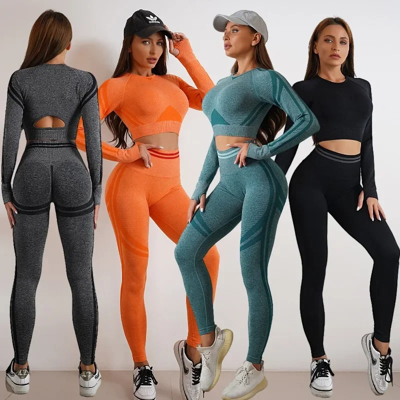 Seamless Yoga Sports Top Women's Tracksuit Sportswear Fitness High Waist Gym Leggings Long Sleeve Top Sports Tights Yoga Pants