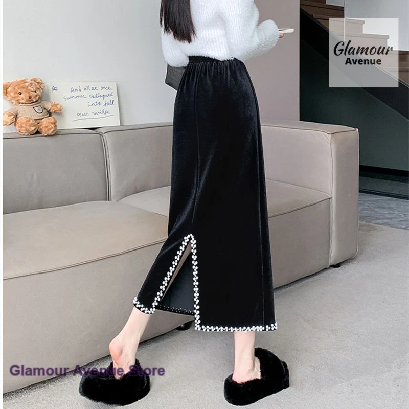 French drape velvet in autumn and winter plus velvet open fork beaded skirt women's spring and autumn new long straight skirt