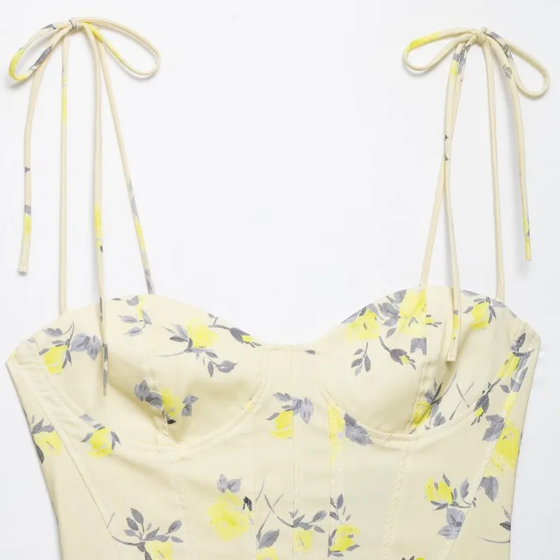 Spring/Summer Women's New Fresh Yellow Floral Spaghetti Strap Sweet Temperament Bustier Ruffles Waist-cinching Printed Short Top