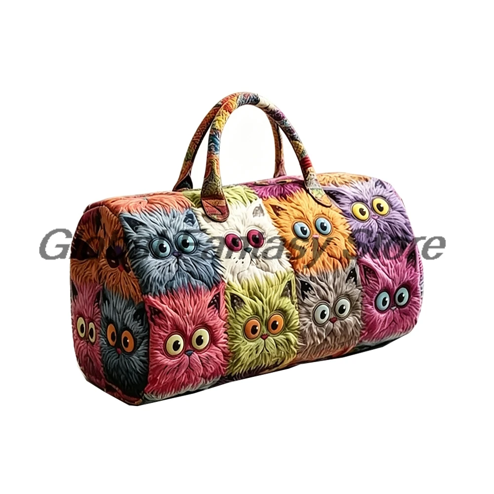 Colorful Cats Patchwork Quilted Duffle Bag Cute Kitten Cartoon Print Travel Tote Handbag Women Men Outdoor Weekender Bag