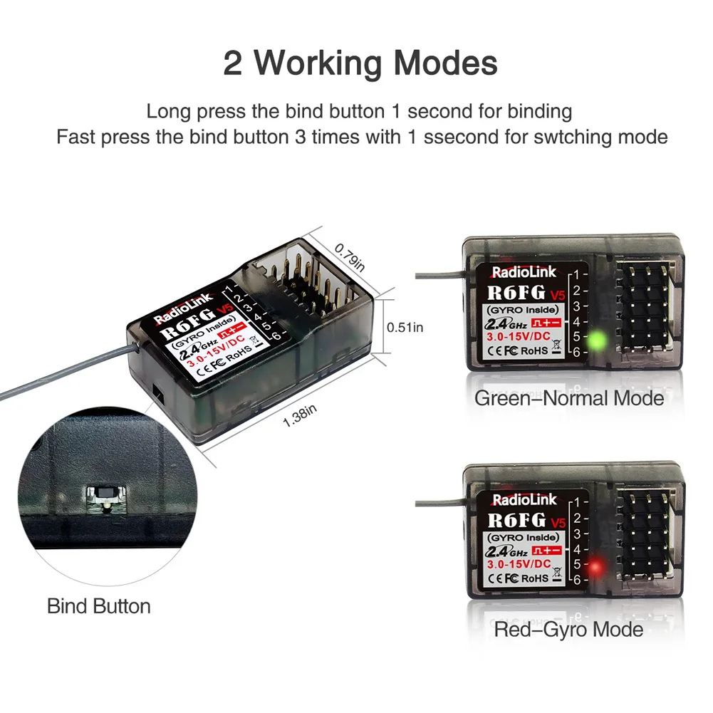 Radiolink RC Receiver R6FG 6 Channel 2.4G HV Servo RX with Gyro Long Range Control for RC Car Boat Transmitter RC4GS V2/RC6GS V2