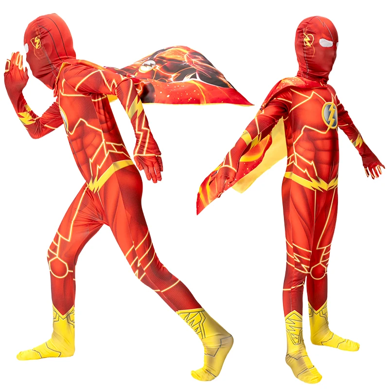 Flash Erwachsenen- und Kinder-Cosplay-Kostüme Superhelden-Jumpsuit inklusive Kopfbedeckung für Halloween und Karneval