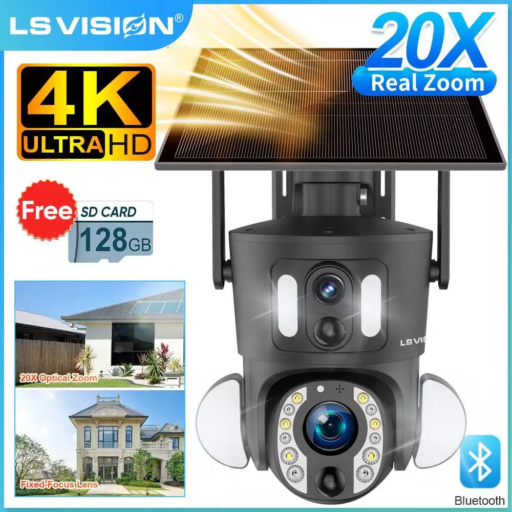 LS VISION 4K 4G/WiFi Solar Camera Outdoor 20X Optical Zoom Dual Screen Dual PIR Detection Auto Tracking PTZ  Surveillance Camera