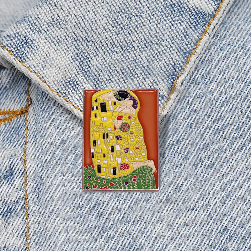 the-kiss-oil-painting-enamel pins custom der-kuss-brooches lapel badges drawing-art jewelry gift for kids friends