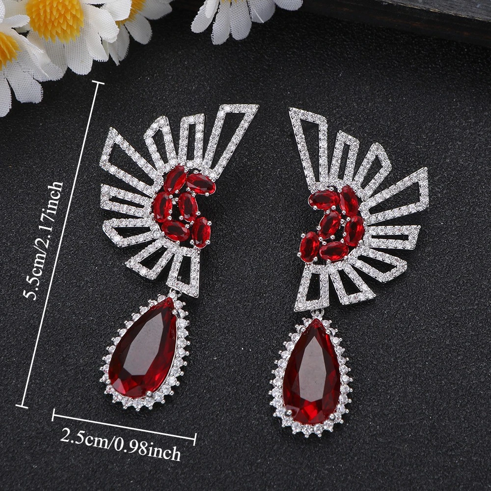 

1 Pair Silver Red Crystal Fan Drop Earrings for Elegant Gala Fashion Women's Jewelry Gift for Anniversary