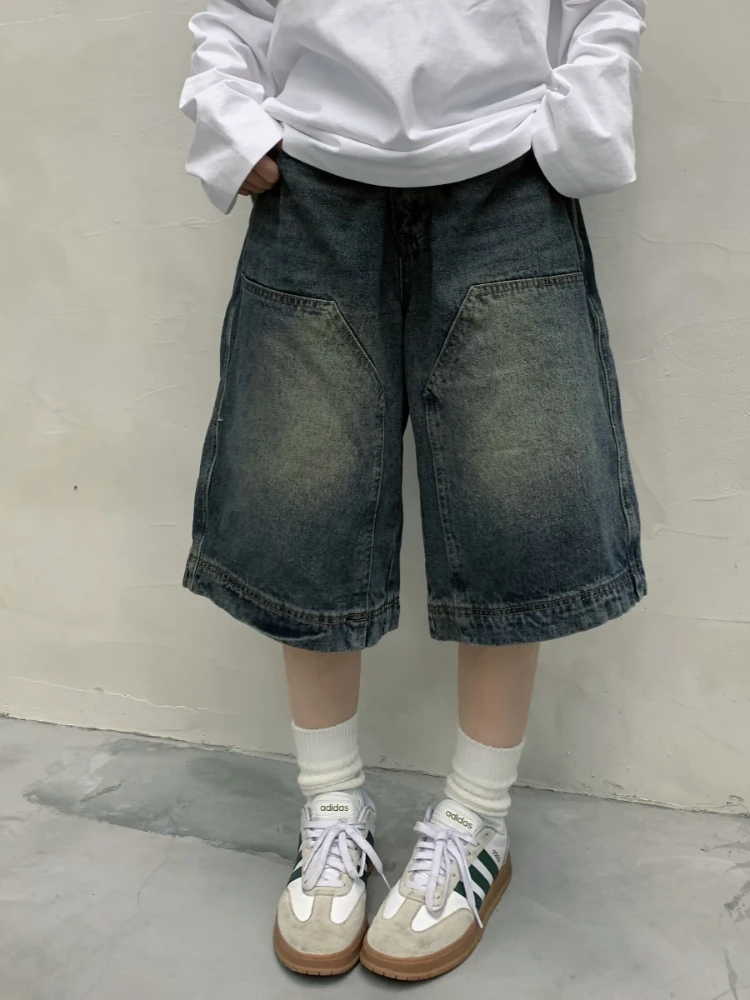 QWEEK Y2k Vintage Baggy Jorts Women Wide Leg Five Points Jeans Korean Streetwear Casual Oversize Washed Denim Shorts Summer