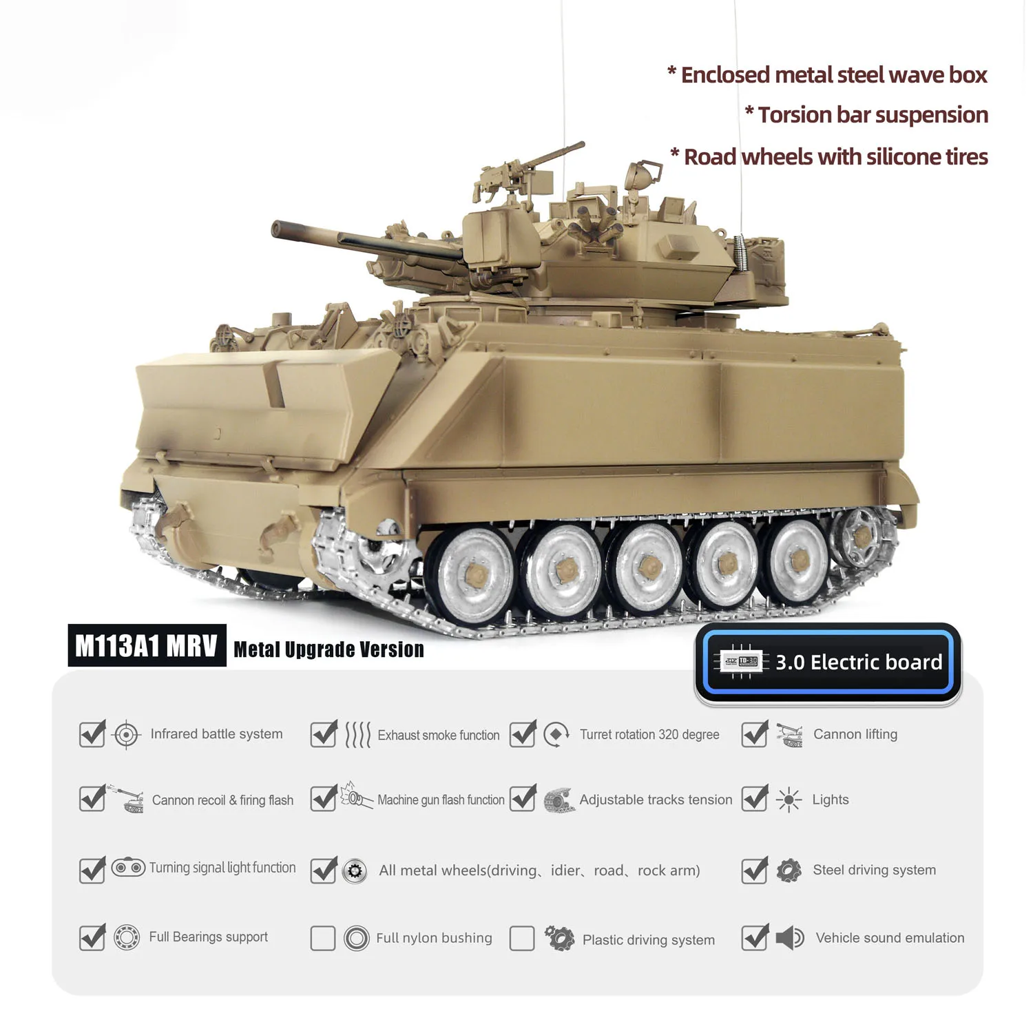 รถถังบังคับวิทยุ 1/16 TD RC Tank Panzer รุ่น M2412-A M113A1 MRV พร้อมระบบยิงแบบสะเทือน ไฟกระพริบ หมุนป้อมปืนได้ 320 องศา พร้อมชุดเกียร์โลหะ