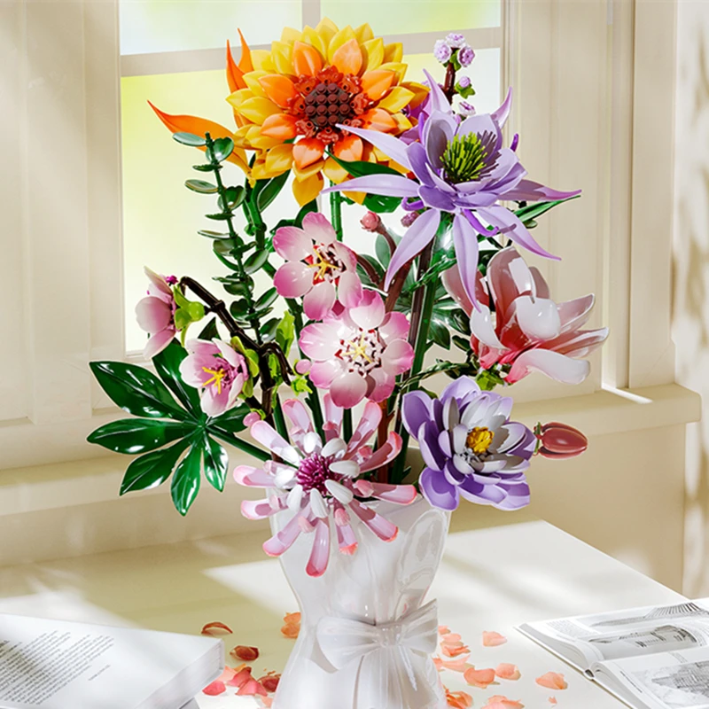 11 Styles Pretty Flower Building Blocks Valentine's Cherry Blossom Peach Blossom Epiphyllum Sunflower Bricks DIY Home Ornaments