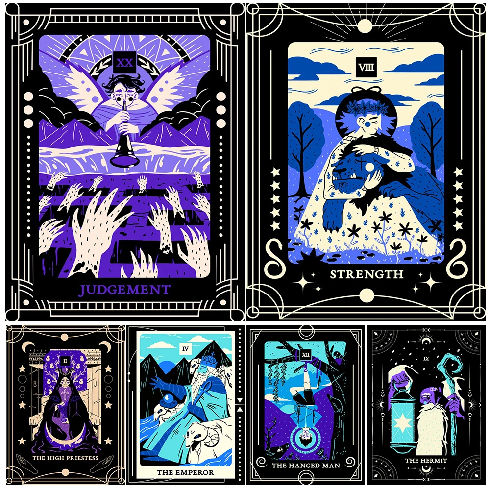 

The Hanged Man,Priestess,Judgment And The Emperor Abstract Tarot Wall Art Canvas Print Occult Wiccan Divination Art Poster Print