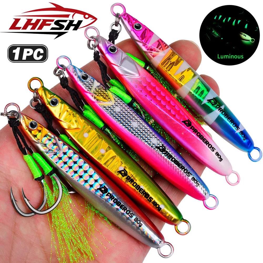 LHFSH Leuchtende Metall-Jig-Angelköder, Hartköder 20g-80g, langsam sinkender Jigging-Köder mit Dreifachhaken für Meerbarsch- und Thunfisch-Angeln