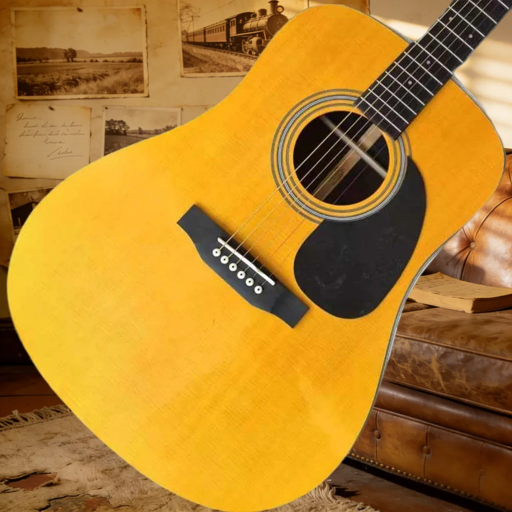 

41-дюймовая акустическая гитара серии D, 28-струнная, из массива дерева, с глянцевым желтым покрытием, гриф из эбенового дерева, 6 струн, чистый звук, для фолк-музыки, бесплатная доставка