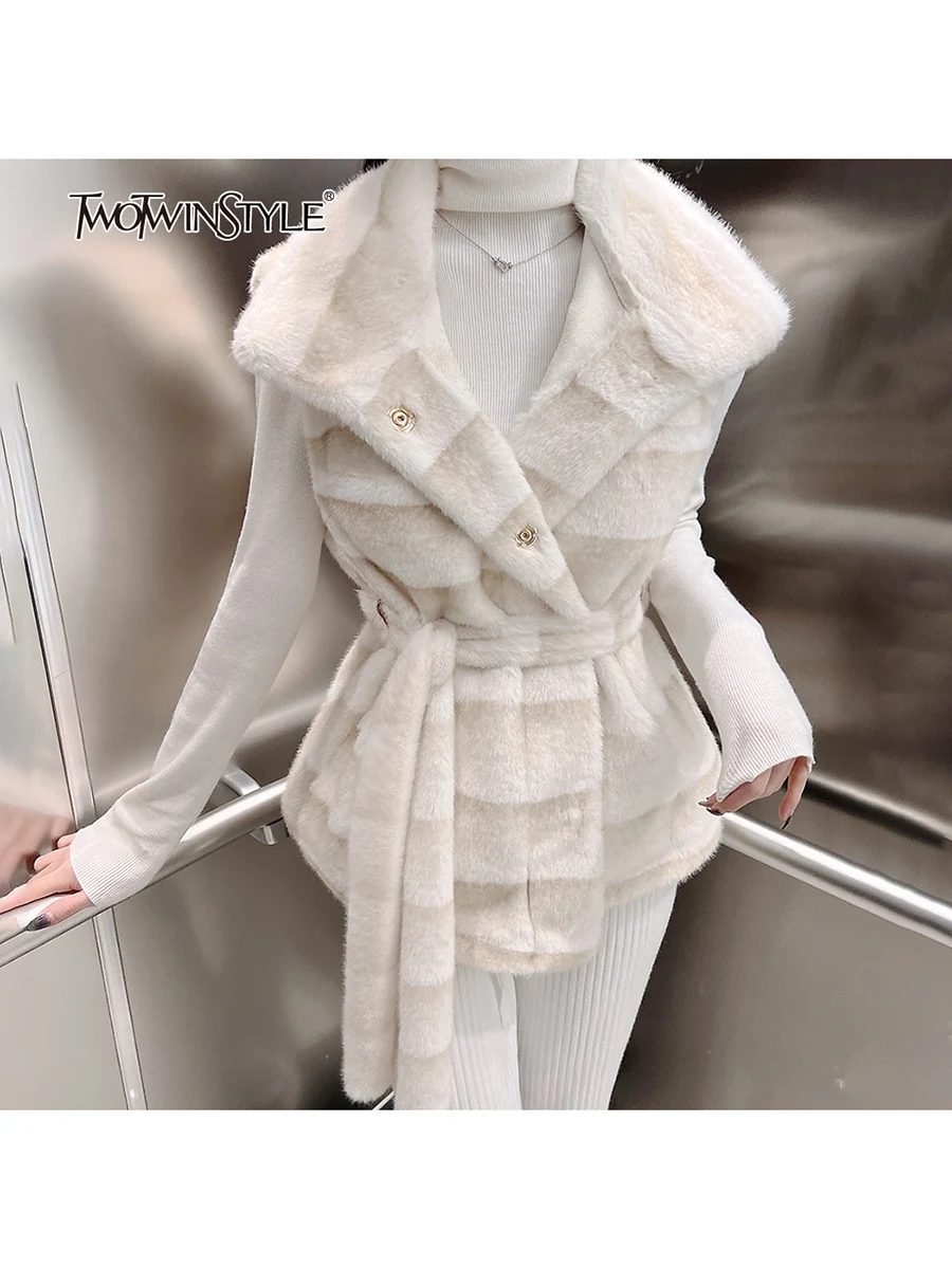 

TWOTWINSTYLE Hit Color Slimming Spliced Striped Vests for Women Lapel Sleeveless Patchwork Lace Up Elegant Fur Vest Female New