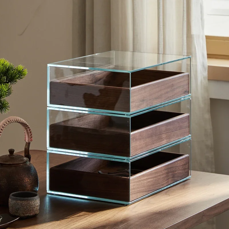 Black walnut solid wood tempered glass desktop storage box, tea set, stationery and accessories, dustproof storage