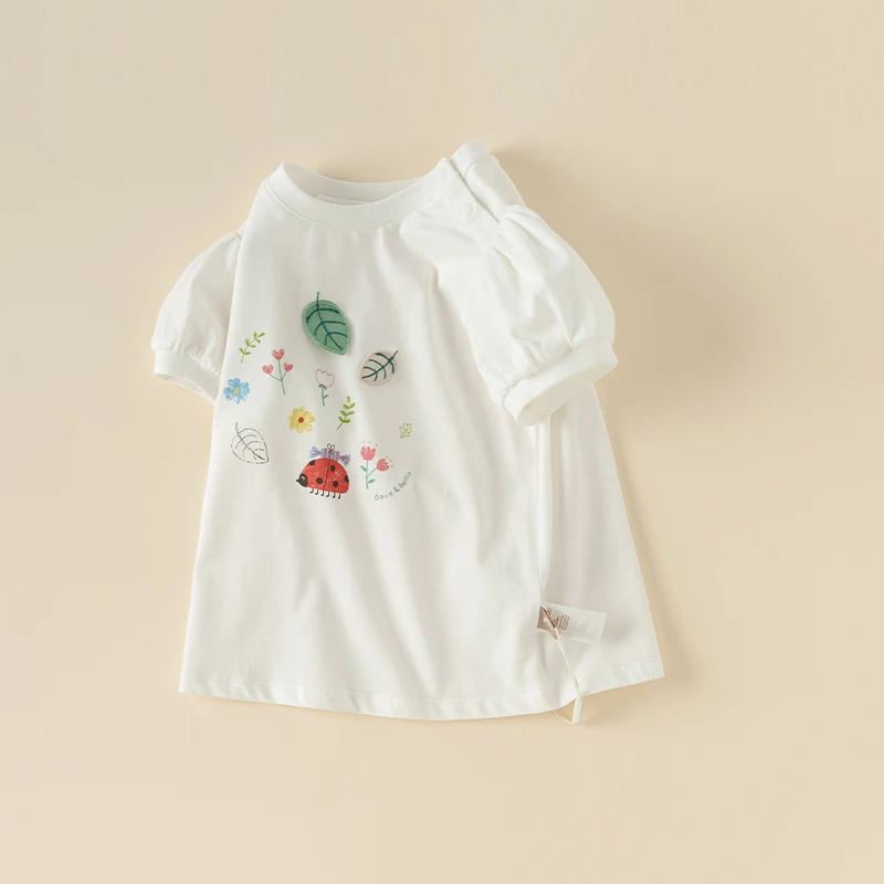 Dave Bella 2024 New Summer Girl's Baby T-Shirt Children Thin Top Cotton Puff Sleeves Short Sleeves Casual Undershirt DB2240234